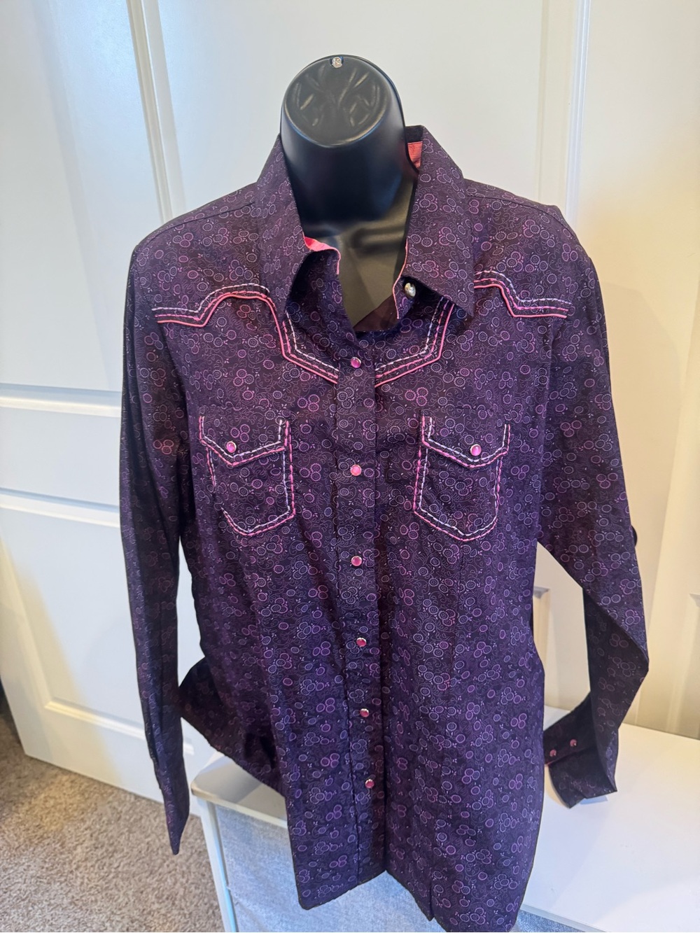 Women’s Long-Sleeve Button-Down Shirt in Deep Purple with Pink Trim